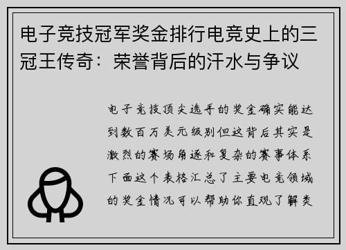 电子竞技冠军奖金排行电竞史上的三冠王传奇：荣誉背后的汗水与争议